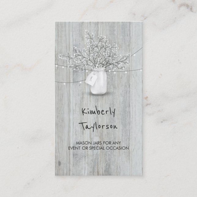 Rustic Mason Jar Baby's Breath String Lights Wood Business Card (Front)