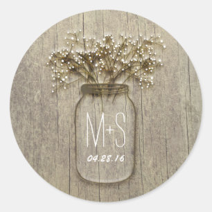 Rustic Mason Jar Baby's Breath Wedding Classic Round Sticker