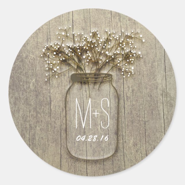 Rustic Mason Jar Baby's Breath Wedding Classic Round Sticker (Front)