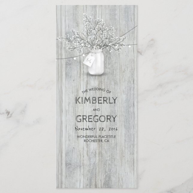 Rustic Mason Jar Baby's Breath Wedding Programs Programme (Front)