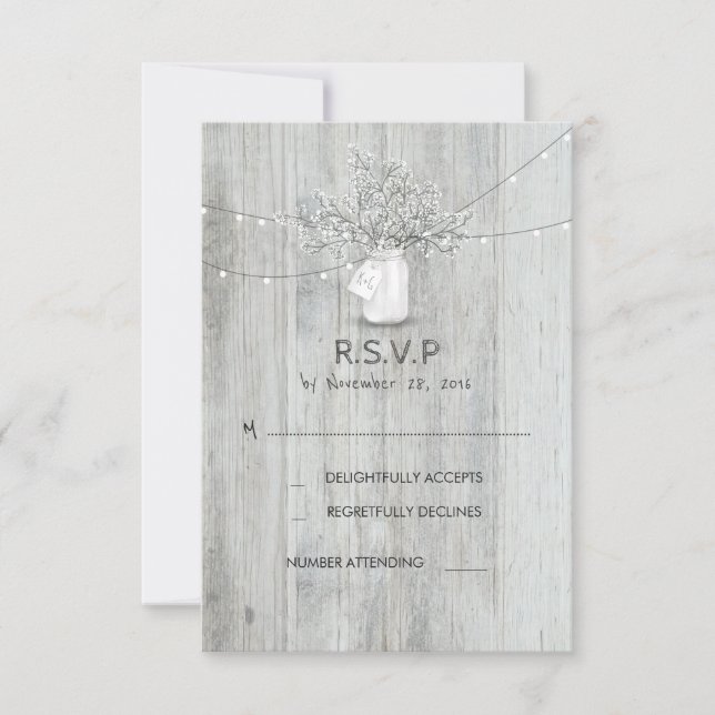 Rustic Mason Jar Baby's Breath Wedding RSVP Cards (Front)