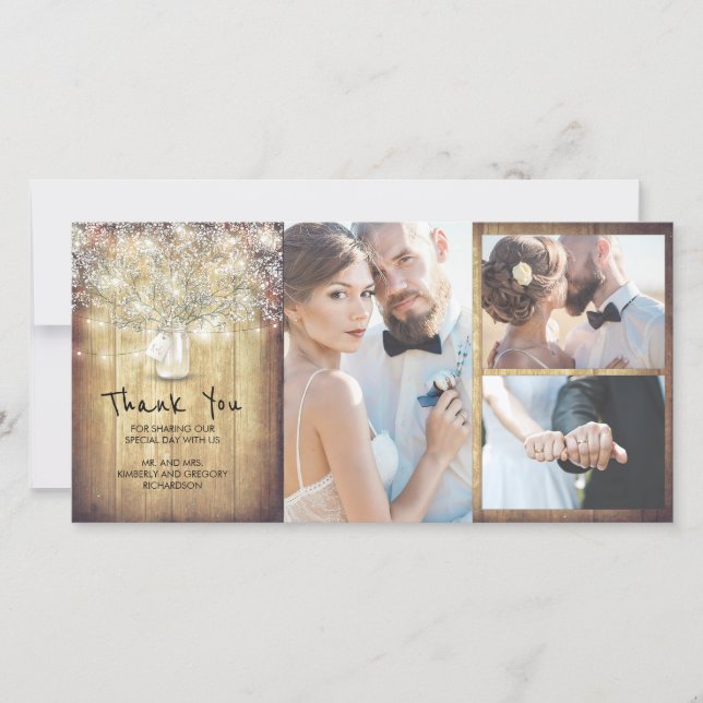 Rustic Mason Jar Baby's Breath Wedding Thank You Card (Front)