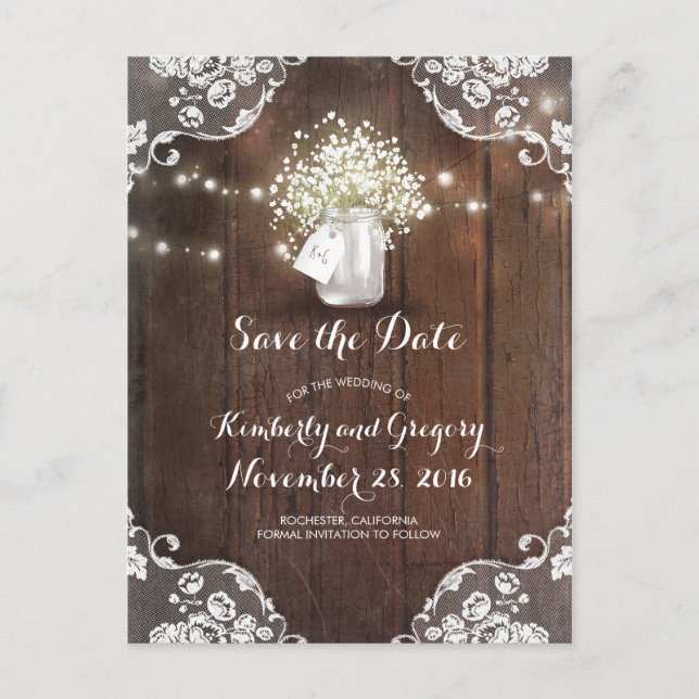 Rustic Mason Jar Baby's Breath Wood Save the Date Announcement Postcard (Front)