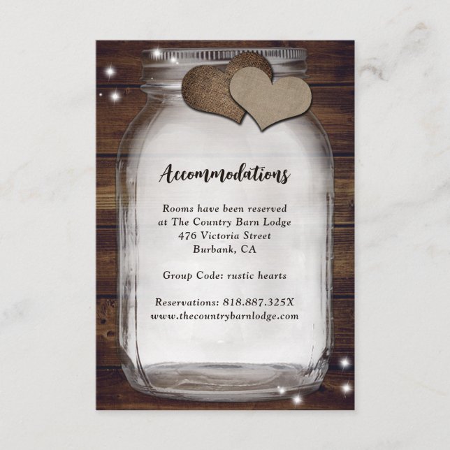 Rustic Mason Jar Barn Wood Accommodation Cards (Front)