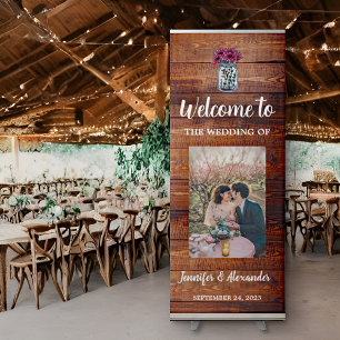 Rustic mason jar barn wood photo country wedding retractable banner
