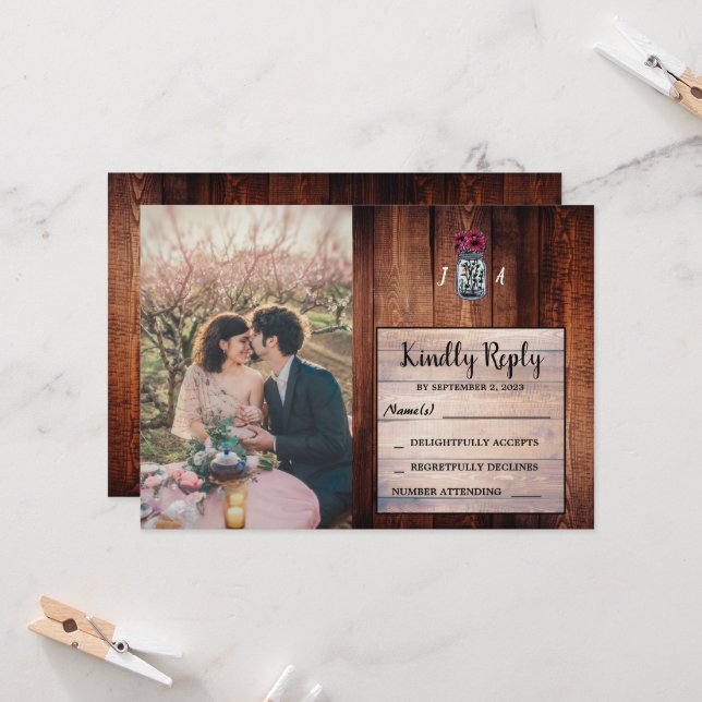 Rustic mason jar barn wood photo wedding RSVP card (Front/Back In Situ)