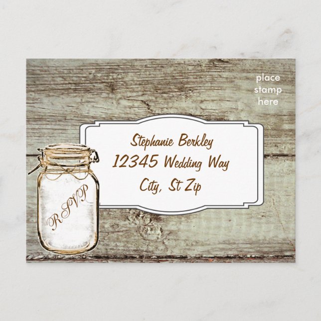 Rustic Mason Jar Barn Wood Wedding RSVP Postcards (Front)