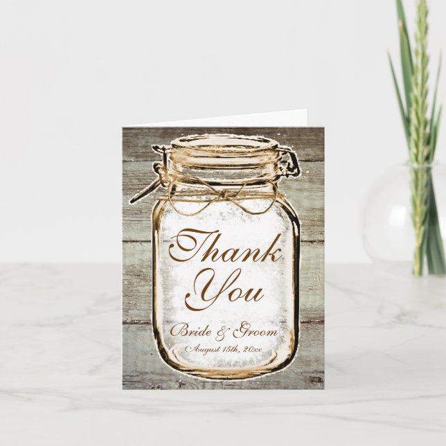 Rustic Mason Jar Barn Wood Wedding Thank You Cards (Front)