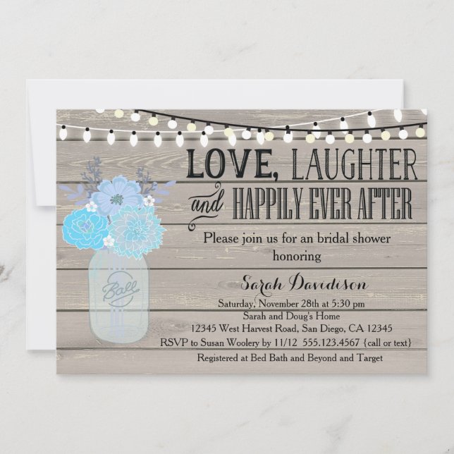 Rustic Mason Jar Blue Bridal Shower Invitation (Front)