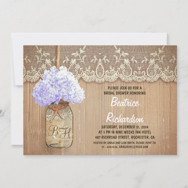 rustic mason jar blue hydrangea bridal shower invitation (Front)