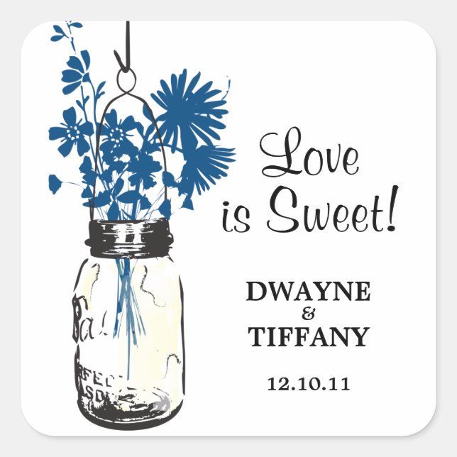 Rustic Mason Jar & Blue Wildflowers Square Sticker (Front)