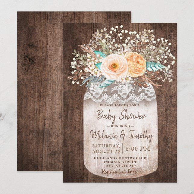 Rustic Mason Jar Boho Baby Shower Invitations (Front/Back)