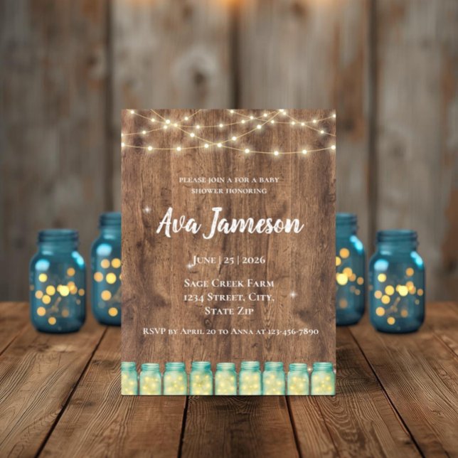 Rustic Mason Jar Boho Lights Baby Shower Invitation (Cozy rustic wood baby shower invitation featuring glowing string lights and charming mason jars.)