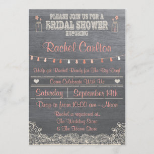 Rustic Mason Jar Bridal Shower Invitation Coral