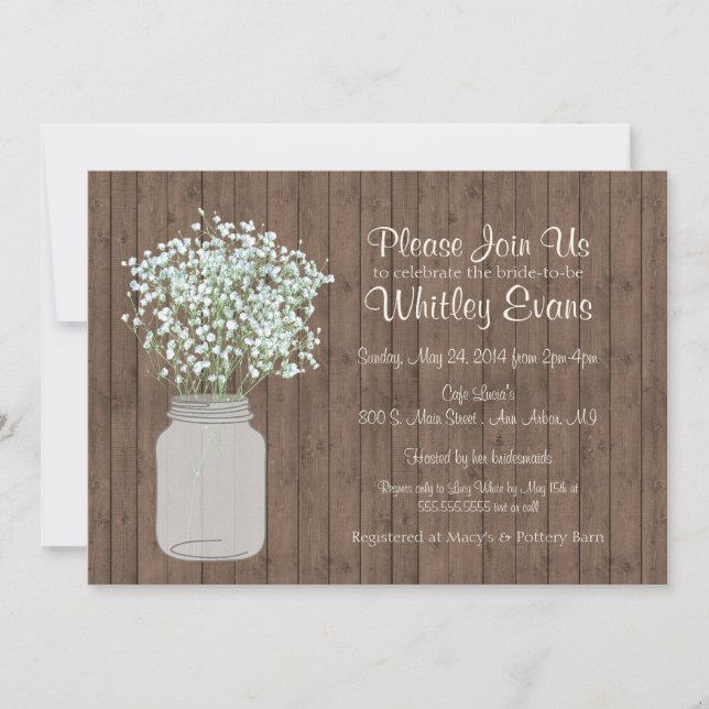 Rustic Mason Jar Bridal Shower Invitation on Wood (Front)