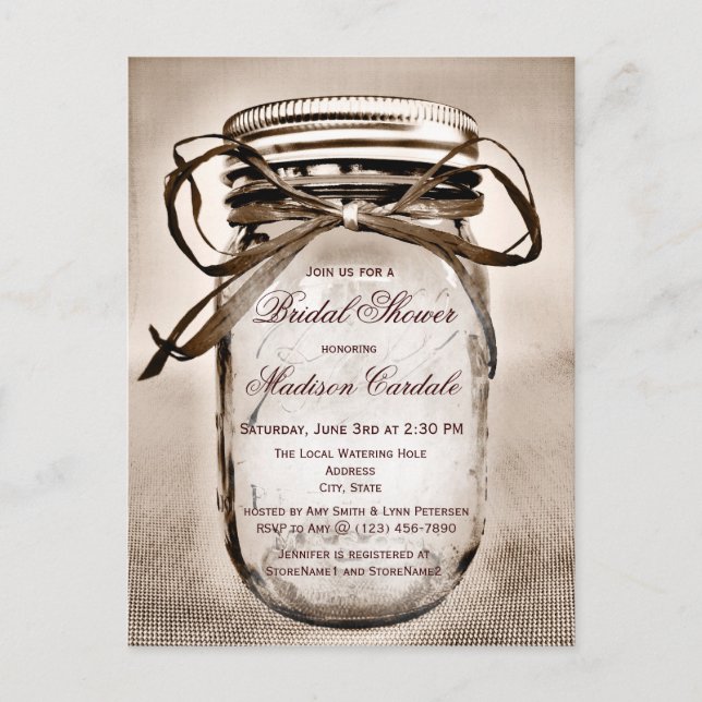 Rustic Mason Jar Bridal Shower Invitation POSTCARD (Front)
