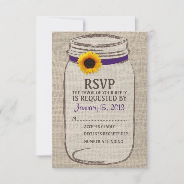 Rustic Mason Jar & Burlap and Sunflower RSVP Card (Front)