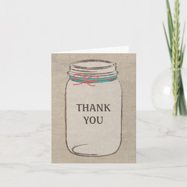 Rustic Mason Jar & Burlap Coral Teal Thank You (Front)