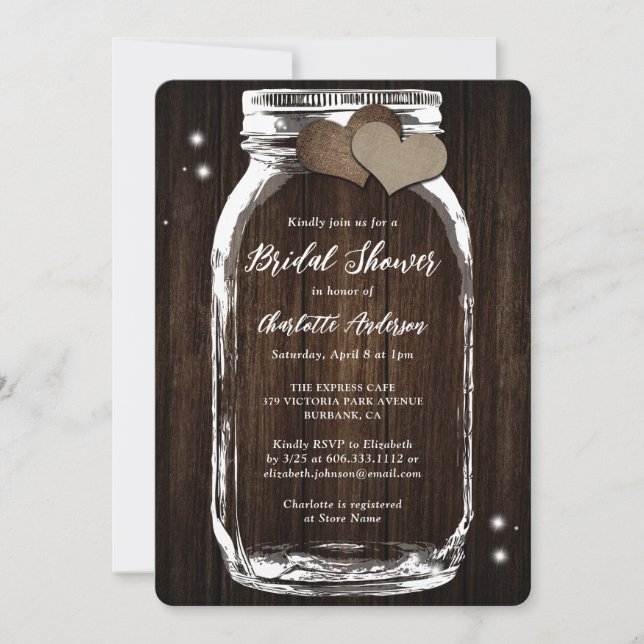 Rustic Mason Jar Burlap Heart Wood Bridal Shower Invitation (Front)
