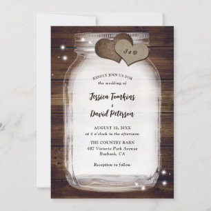 Rustic Mason Jar Burlap Hearts Barn Wood Wedding Invitation
