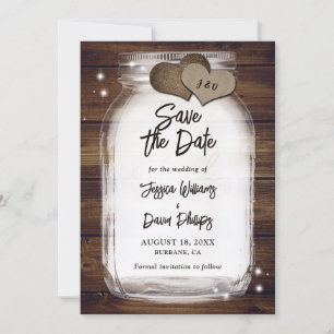 Rustic Mason Jar Burlap Hearts Monogram Wedding Save The Date