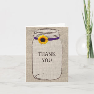 Rustic Mason Jar & Burlap Purple Gold Thank You Card