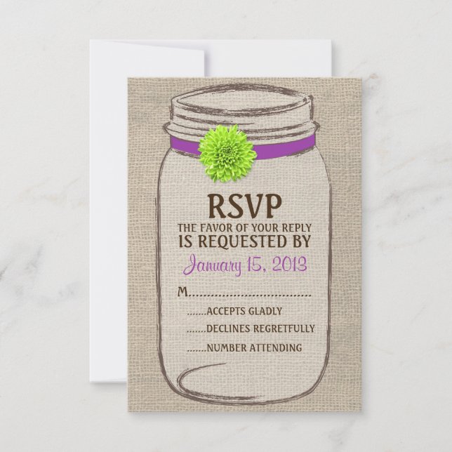 Rustic Mason Jar & Burlap Purple Green RSVP Card (Front)