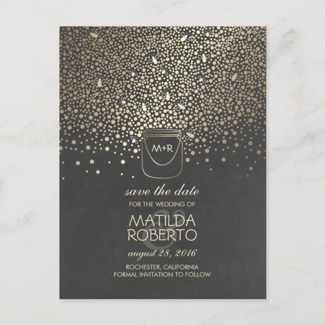 Rustic Mason Jar Fireflies Gold Save the Date Announcement Postcard (Front)