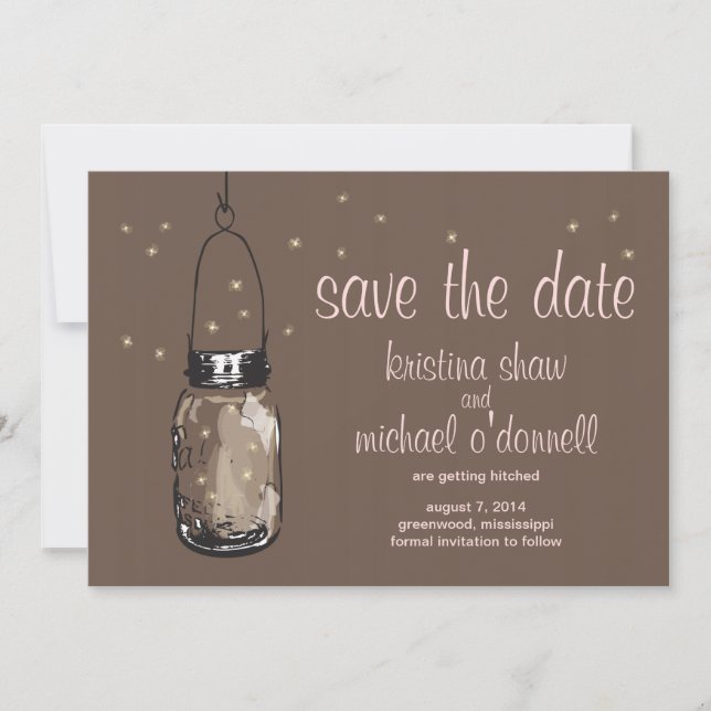 Rustic Mason Jar & Fireflies Save the Date (Front)