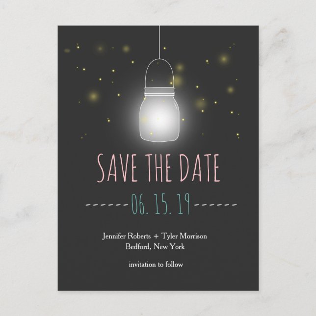 Rustic Mason Jar Fireflies Save The Date Announcement Postcard (Front)