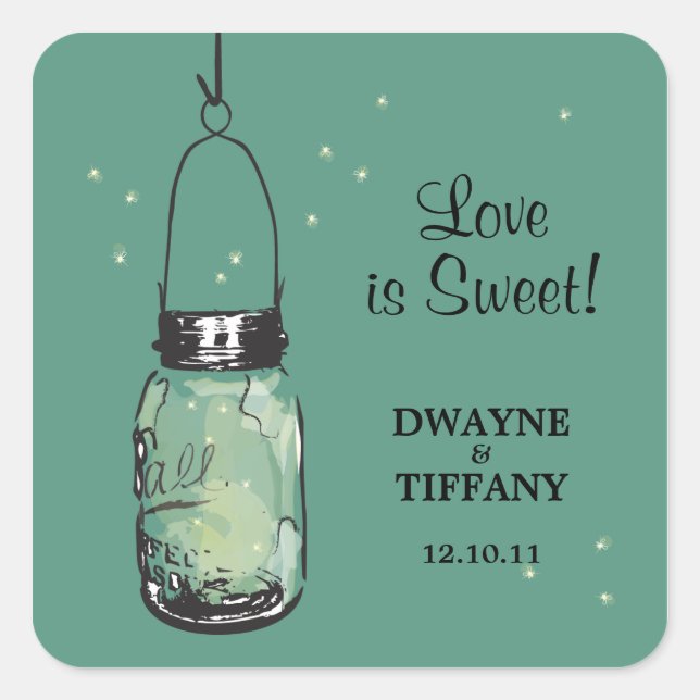 Rustic Mason Jar & Fireflies Square Sticker (Front)