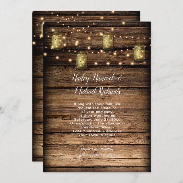 Rustic Mason Jar Fireflies String Lights Invitation (Front/Back)