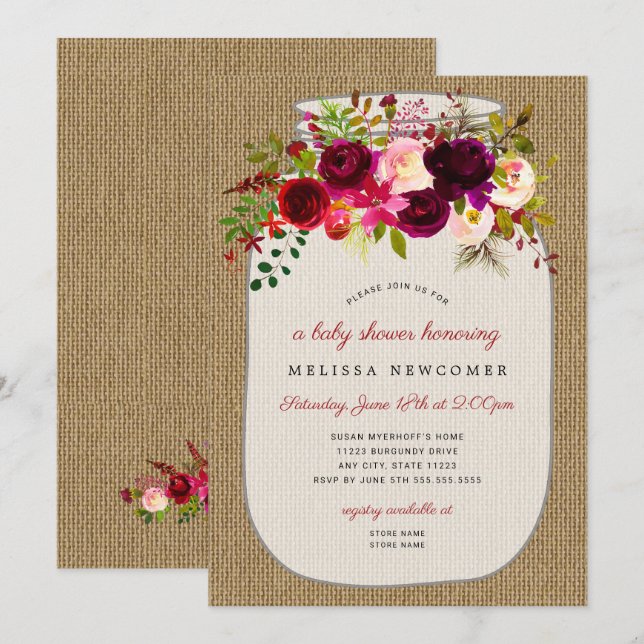 Rustic mason jar floral baby shower invitation (Front/Back)