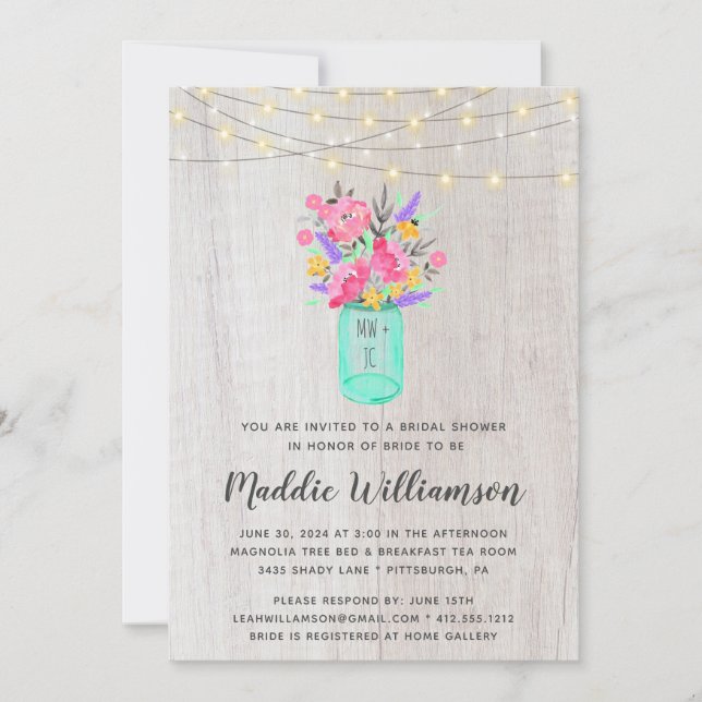 Rustic Mason Jar Floral Lights Bridal Shower  Invi Invitation (Front)