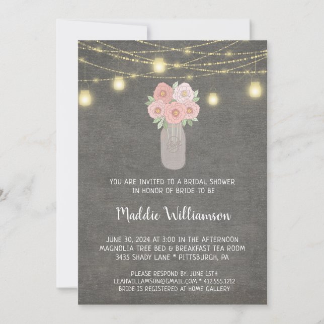 Rustic Mason Jar Floral Lights Bridal Shower  Invitation (Front)