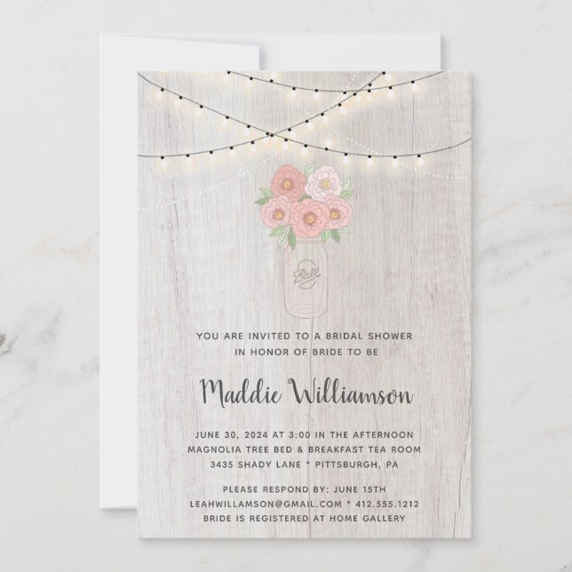 Rustic Mason Jar Floral Lights Photo Bridal Shower Invitation (Front)