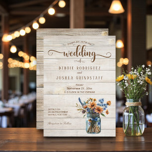 Rustic Mason Jar Floral on Wood Wedding Invitation