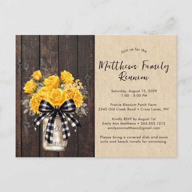 Rustic Mason Jar Floral Wood Family Reunion  Announcement Postcard (Front)