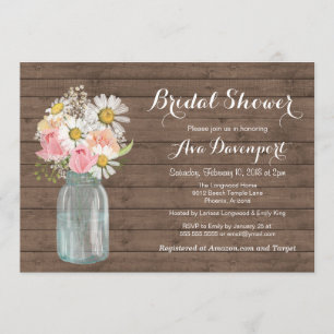 Rustic Mason Jar & Flowers Baby or Bridal Shower Invitation