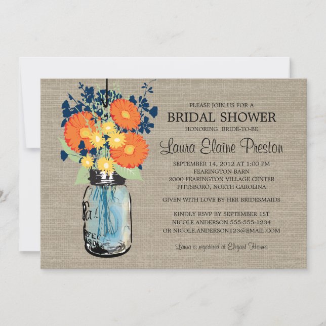 Rustic Mason Jar Gerber Daisies Bridal Shower Invitation (Front)