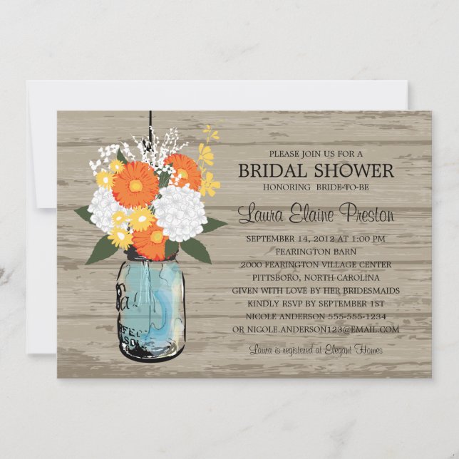 Rustic Mason Jar Gerber Daisies Bridal Shower Invitation (Front)