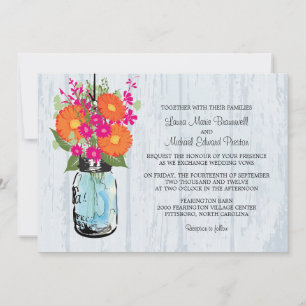 Rustic Mason Jar & Gerber Daisies Wedding Invitation