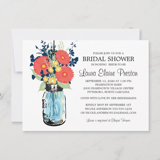 Rustic Mason Jar Gerbera Daisies Bridal Shower Invitation (Front)