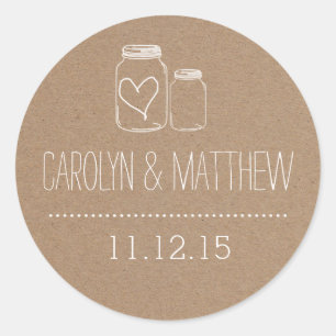 Rustic Mason Jar Heart Wedding Favour Sticker2 Classic Round Sticker