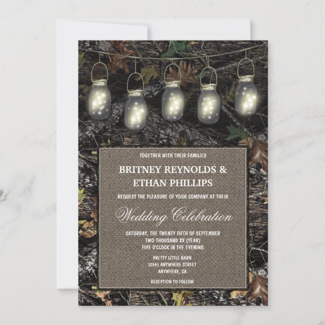 Rustic Mason Jar Hunting Camo Wedding Invitations (Front)