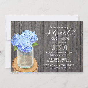Rustic Mason Jar Hydrangea Barn Wood Sweet 16 Invitation