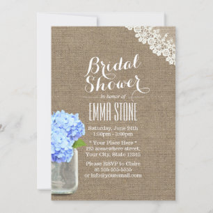 Rustic Mason Jar Hydrangea Burlap Bridal Shower Invitation
