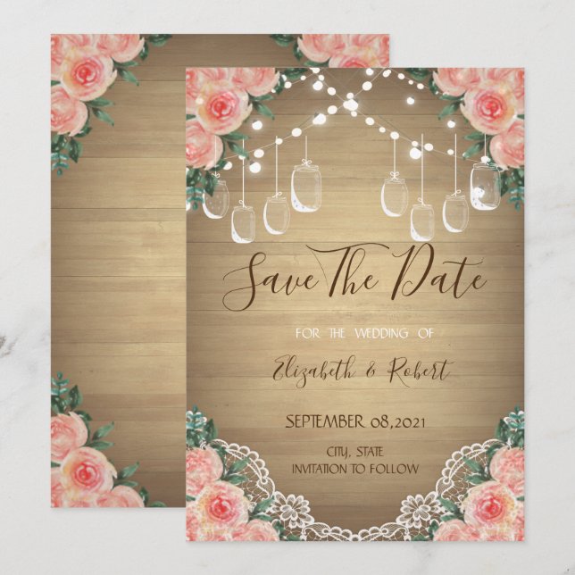 Rustic Mason Jar, Lace,Floral Save The Date (Front/Back)