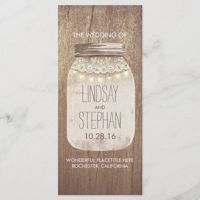 rustic mason jar lace lights wedding programs programme (Front)