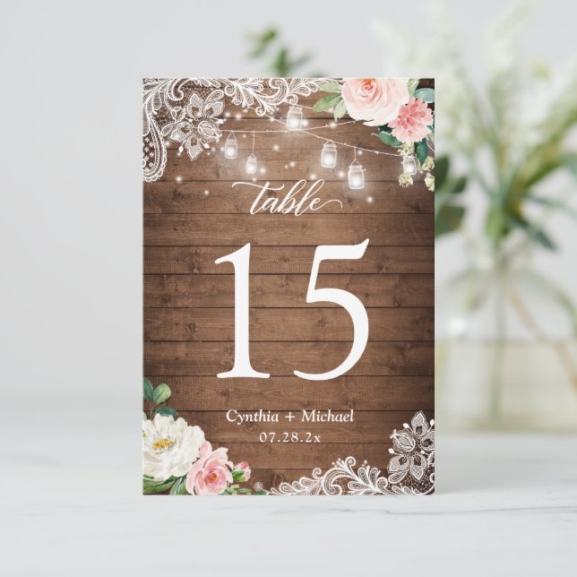 Rustic Mason Jar Light Floral Wedding Table Number (Standing Front)